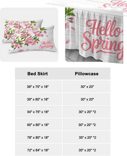 Ruffle Skirt Bedspread for Full Size Bed Hello Spring Peach Blossom Floral 3 Piece Bedding Cover with Pillow Sham,18In Drop Bedskirt Coverlet for Bedroom Dorm Pink Flower Rustic Wood Grain