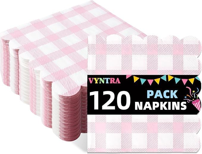 Vyntra 120 Count Gingham Disposable Paper Napkins, Checkered Party Napkins (Pink Gingham-120, 120 Pcs)