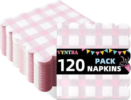 Vyntra 120 Count Gingham Disposable Paper Napkins, Checkered Party Napkins (Pink Gingham-120, 120 Pcs)