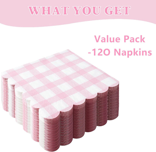 Vyntra 120 Count Gingham Disposable Paper Napkins, Checkered Party Napkins (Pink Gingham-120, 120 Pcs)