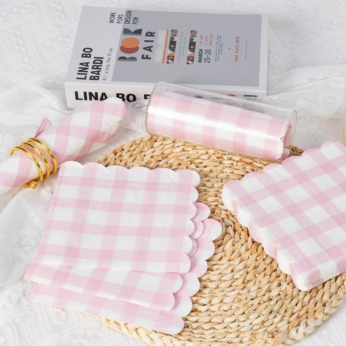 Vyntra 120 Count Gingham Disposable Paper Napkins, Checkered Party Napkins (Pink Gingham-120, 120 Pcs)