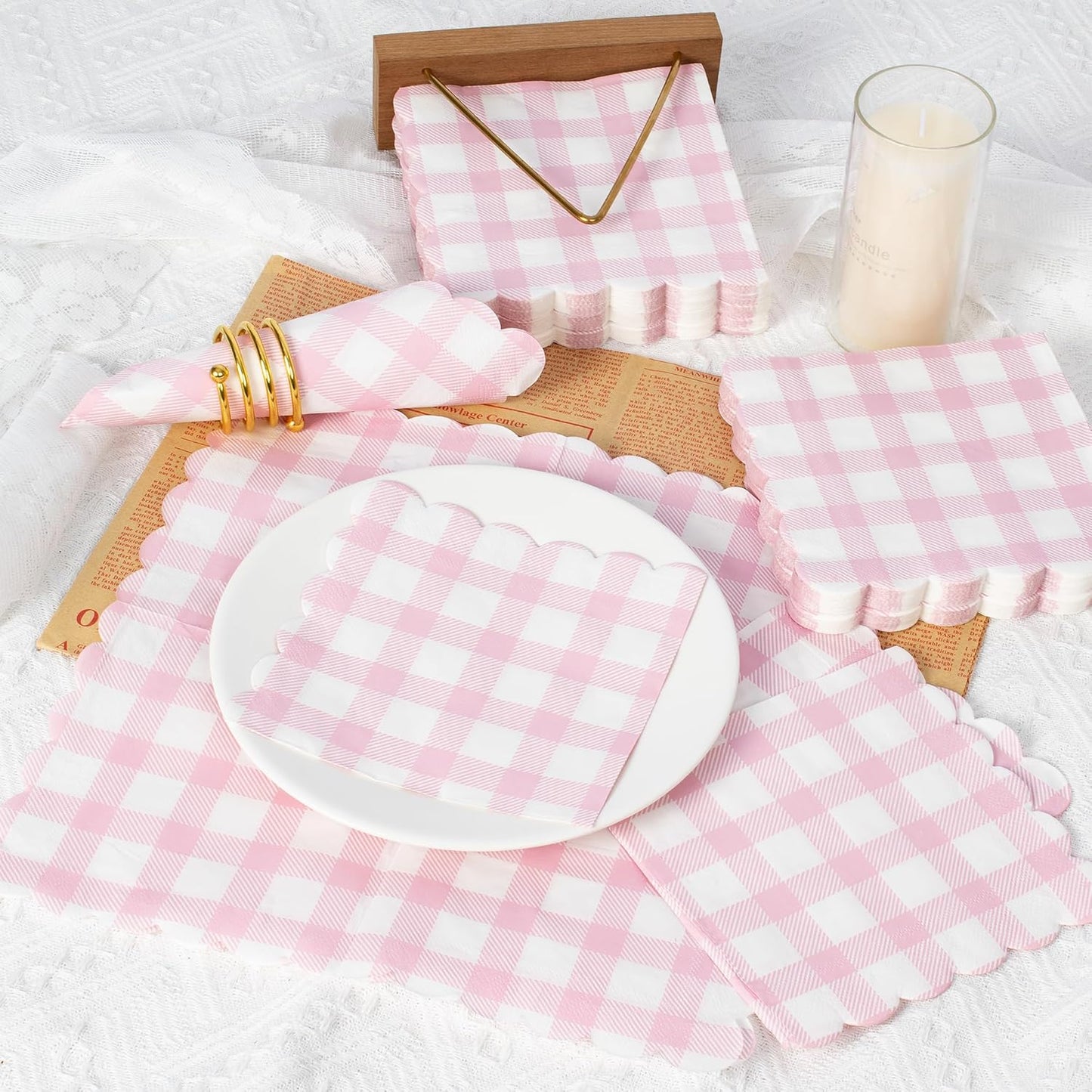 Vyntra 120 Count Gingham Disposable Paper Napkins, Checkered Party Napkins (Pink Gingham-120, 120 Pcs)