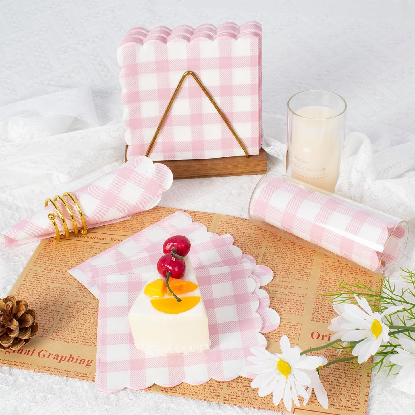 Vyntra 120 Count Gingham Disposable Paper Napkins, Checkered Party Napkins (Pink Gingham-120, 120 Pcs)