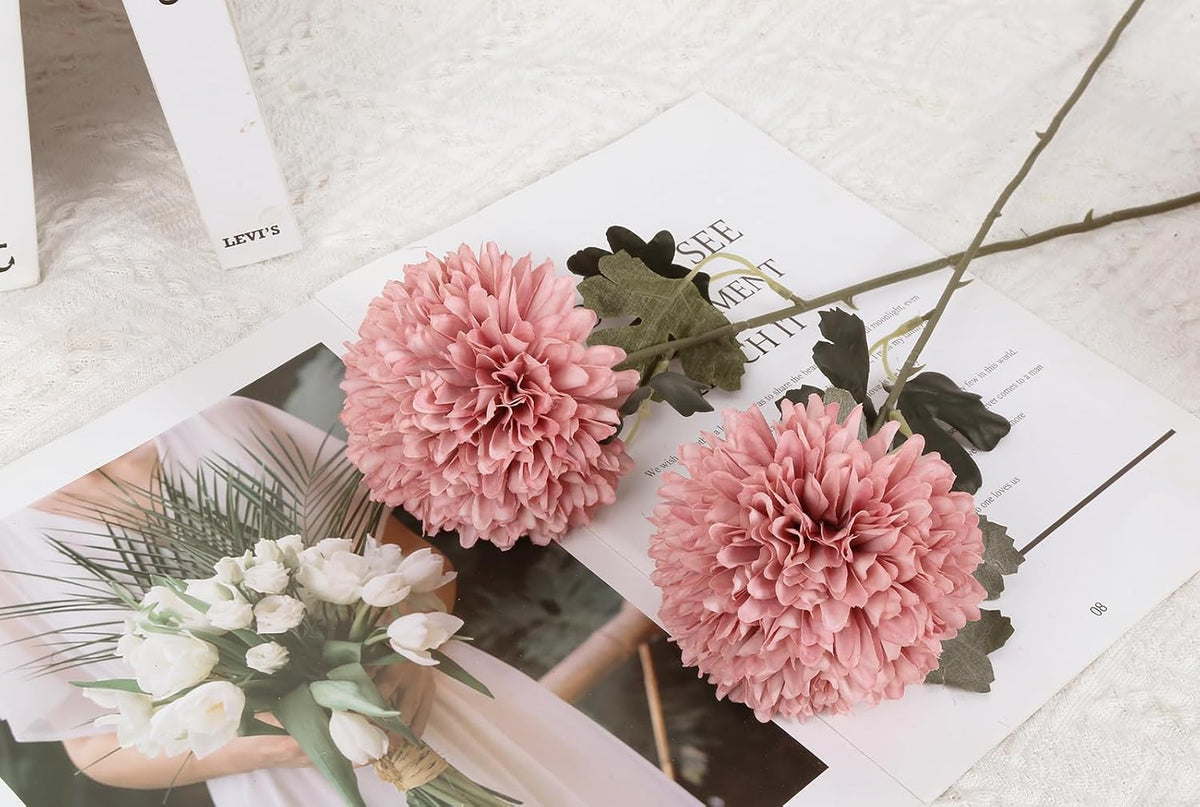 6PCS Pink Artificial Chrysanthemum Flowers 21.6’’ Long Stem Fake Mums Silk Faux Bouquet for Floral Arrangements Home Wedding Dining Table Party Garden Decoration(Pink)