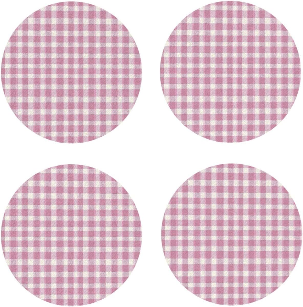 Pastel Pink Gingham (3) Pattern Leather Coasters for Drinks(4 Pack)，Handmade Durable Drink Coasters Set for Tabletop Protection