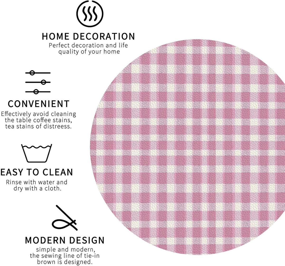 Pastel Pink Gingham (3) Pattern Leather Coasters for Drinks(4 Pack)，Handmade Durable Drink Coasters Set for Tabletop Protection
