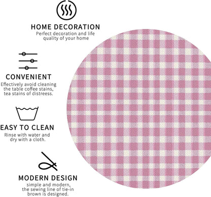 Pastel Pink Gingham (3) Pattern Leather Coasters for Drinks(4 Pack)，Handmade Durable Drink Coasters Set for Tabletop Protection