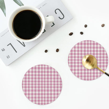 Pastel Pink Gingham (3) Pattern Leather Coasters for Drinks(4 Pack)，Handmade Durable Drink Coasters Set for Tabletop Protection