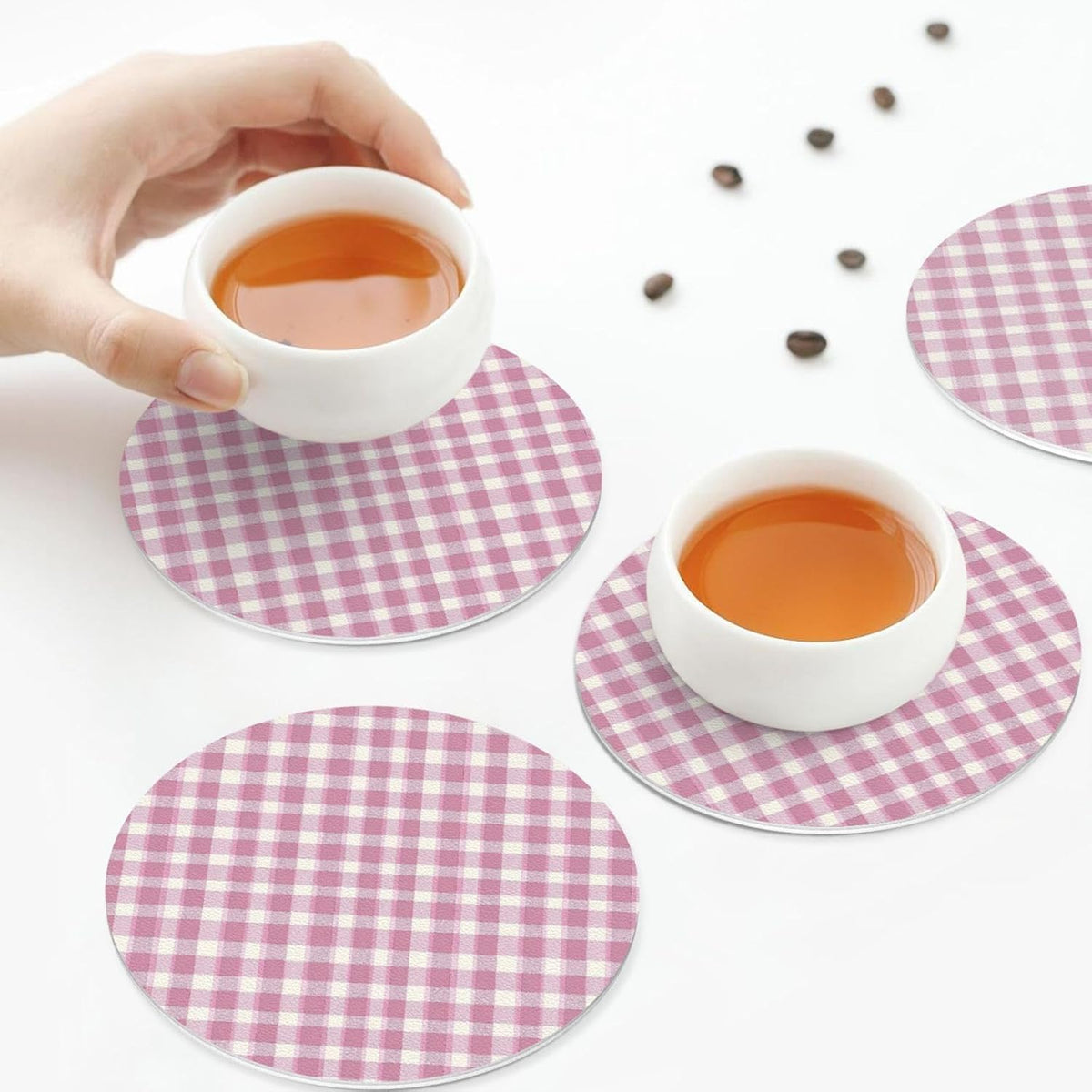 Pastel Pink Gingham (3) Pattern Leather Coasters for Drinks(4 Pack)，Handmade Durable Drink Coasters Set for Tabletop Protection