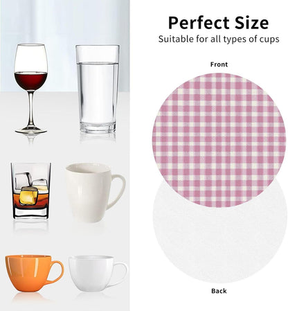 Pastel Pink Gingham (3) Pattern Leather Coasters for Drinks(4 Pack)，Handmade Durable Drink Coasters Set for Tabletop Protection