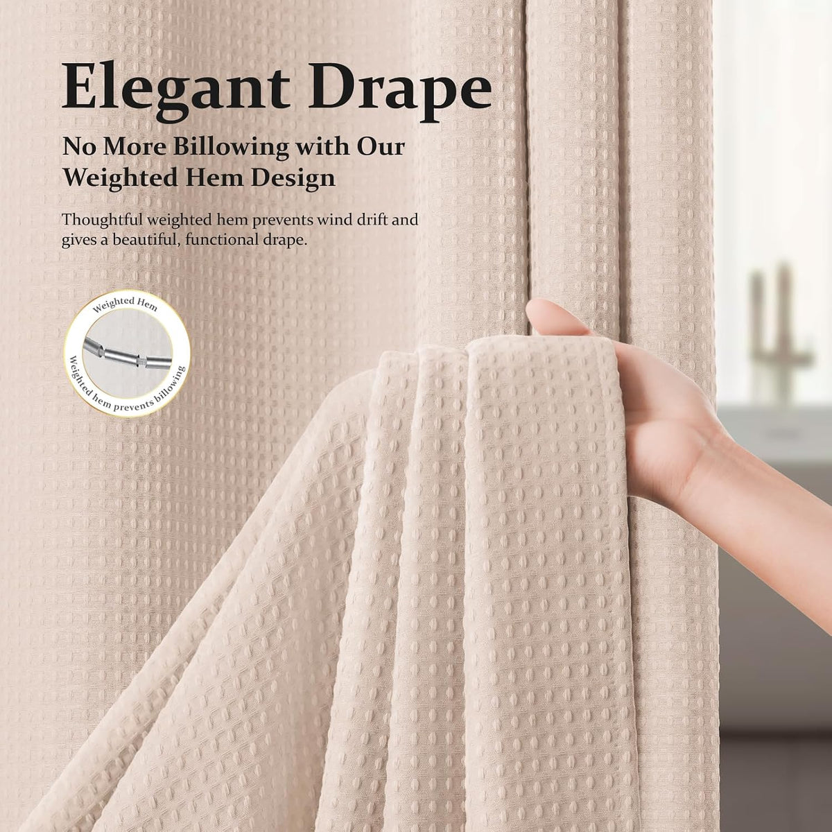 Blush Pink Fabric Shower Curtain - Waffle Weave Textured Heavy Duty Cloth Shower Curtains for Bathroom, 256GSM Hotel Luxury Weighted Bath Curtain Set with 12 Hooks,72x72, Blush Pink