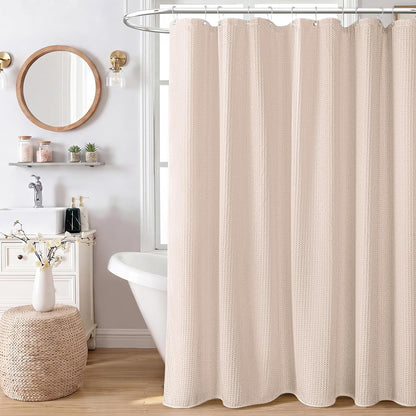 Blush Pink Fabric Shower Curtain - Waffle Weave Textured Heavy Duty Cloth Shower Curtains for Bathroom, 256GSM Hotel Luxury Weighted Bath Curtain Set with 12 Hooks,72x72, Blush Pink
