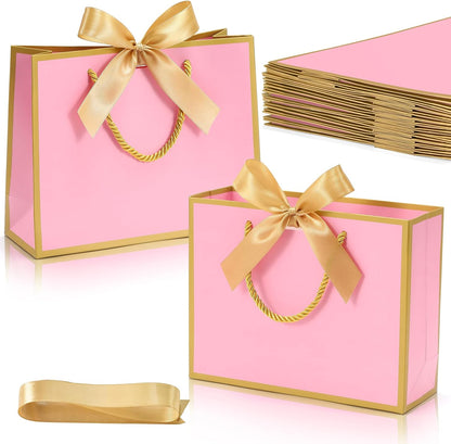 12 Pack Gift Bags Medium Size with Ribbon, 9"x7"x3.1" Portable Paper Gift Bag with Handles, Pink Thank You Bags for Wedding Birthday Party Mothers Day Bridal Shower Party Favor Bag