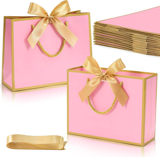 12 Pack Gift Bags Medium Size with Ribbon, 9"x7"x3.1" Portable Paper Gift Bag with Handles, Pink Thank You Bags for Wedding Birthday Party Mothers Day Bridal Shower Party Favor Bag