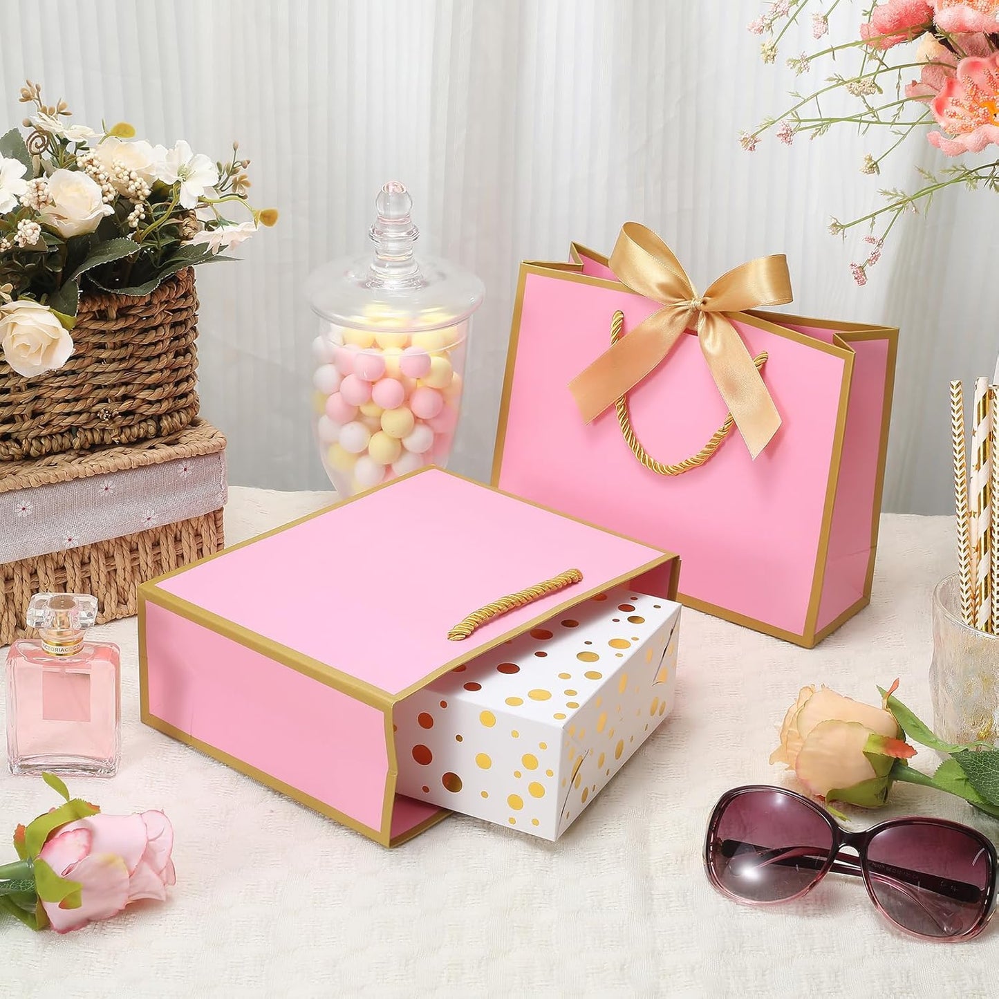 12 Pack Gift Bags Medium Size with Ribbon, 9"x7"x3.1" Portable Paper Gift Bag with Handles, Pink Thank You Bags for Wedding Birthday Party Mothers Day Bridal Shower Party Favor Bag