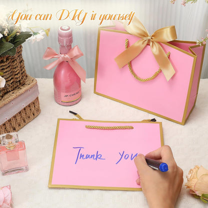 12 Pack Gift Bags Medium Size with Ribbon, 9"x7"x3.1" Portable Paper Gift Bag with Handles, Pink Thank You Bags for Wedding Birthday Party Mothers Day Bridal Shower Party Favor Bag