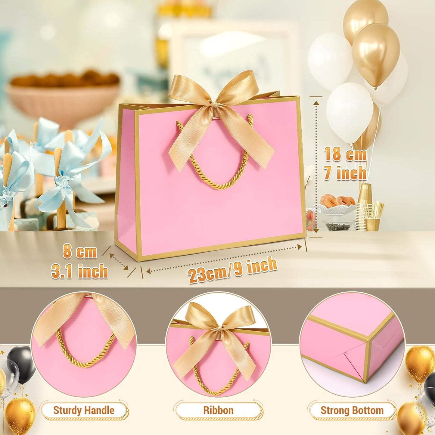 12 Pack Gift Bags Medium Size with Ribbon, 9"x7"x3.1" Portable Paper Gift Bag with Handles, Pink Thank You Bags for Wedding Birthday Party Mothers Day Bridal Shower Party Favor Bag