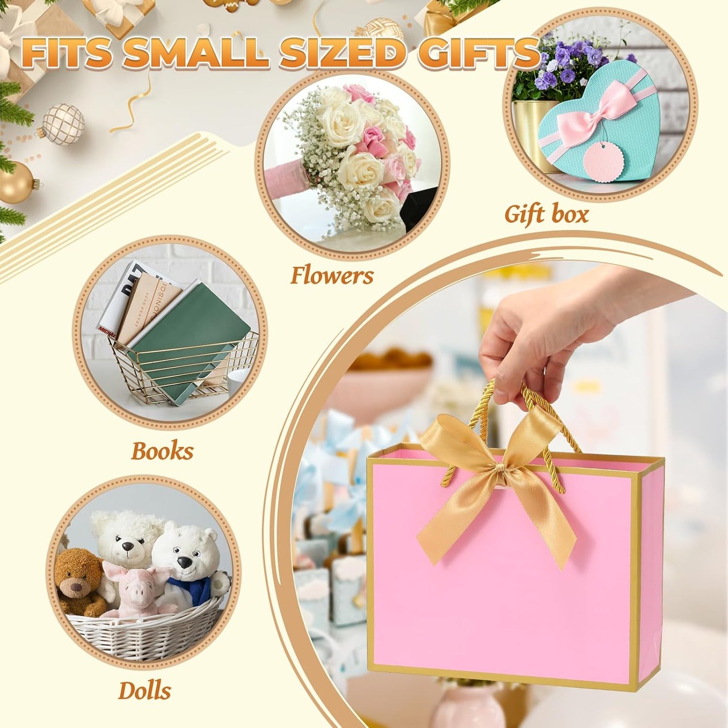 12 Pack Gift Bags Medium Size with Ribbon, 9"x7"x3.1" Portable Paper Gift Bag with Handles, Pink Thank You Bags for Wedding Birthday Party Mothers Day Bridal Shower Party Favor Bag
