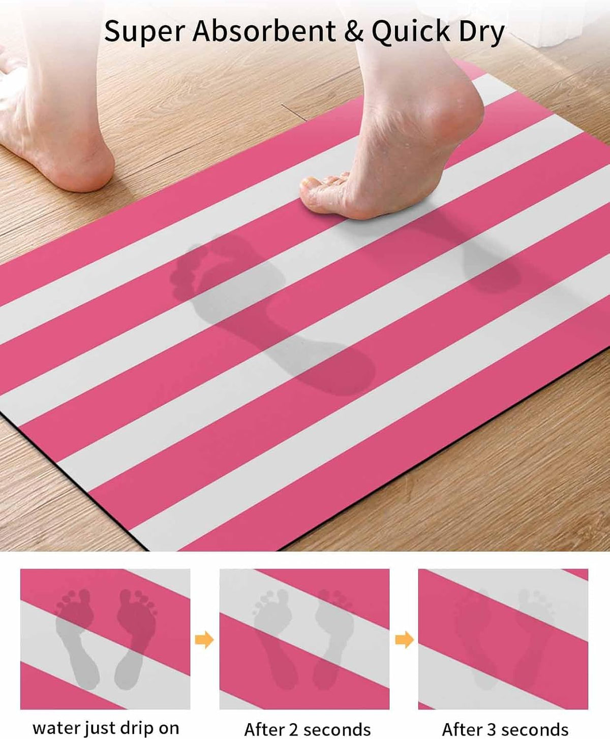 Pink Striped Bath Mat for Tub,Modern Simple Monochrome Geometric White Non Slip Bathroom Floor Runner Rug Quick Dry & Absorbent Diatomaceous Earth Shower Sink Bedroom Kitchen Doormat 16"x24"