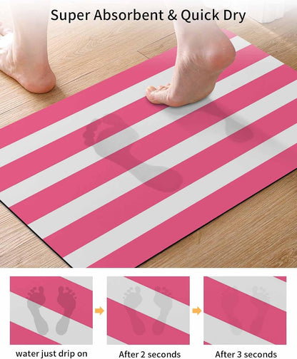 Pink Striped Bath Mat for Tub,Modern Simple Monochrome Geometric White Non Slip Bathroom Floor Runner Rug Quick Dry & Absorbent Diatomaceous Earth Shower Sink Bedroom Kitchen Doormat 16"x24"