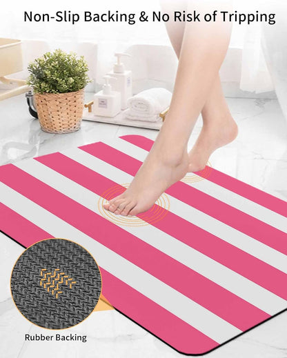 Pink Striped Bath Mat for Tub,Modern Simple Monochrome Geometric White Non Slip Bathroom Floor Runner Rug Quick Dry & Absorbent Diatomaceous Earth Shower Sink Bedroom Kitchen Doormat 16"x24"