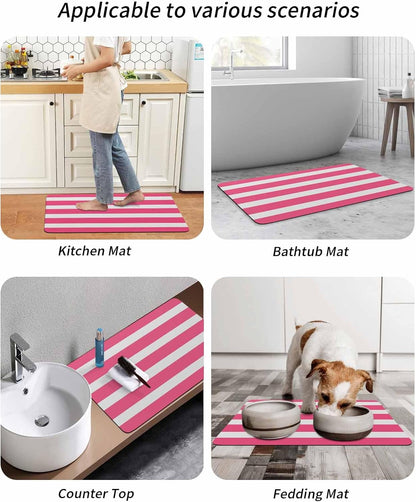 Pink Striped Bath Mat for Tub,Modern Simple Monochrome Geometric White Non Slip Bathroom Floor Runner Rug Quick Dry & Absorbent Diatomaceous Earth Shower Sink Bedroom Kitchen Doormat 16"x24"