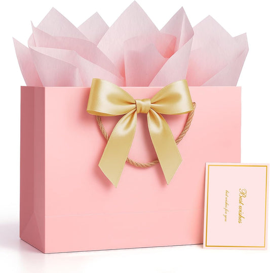 ANZNKU Pink Gift Bag Medium 1 PCS, Cute Paper Gift Bags with Handle 1 Ribbon 2 Tissue Paper 1 Card, Gift Bag for Women Graduation, Wedding, Birthday Gift Wrap, Baby Bridal Shower, Party Favors