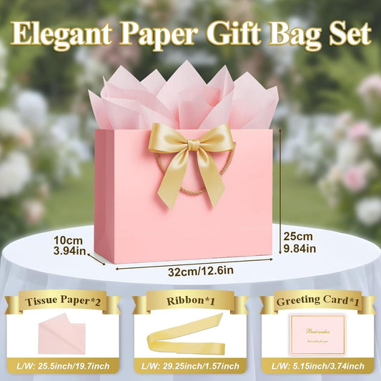ANZNKU Pink Gift Bag Medium 1 PCS, Cute Paper Gift Bags with Handle 1 Ribbon 2 Tissue Paper 1 Card, Gift Bag for Women Graduation, Wedding, Birthday Gift Wrap, Baby Bridal Shower, Party Favors