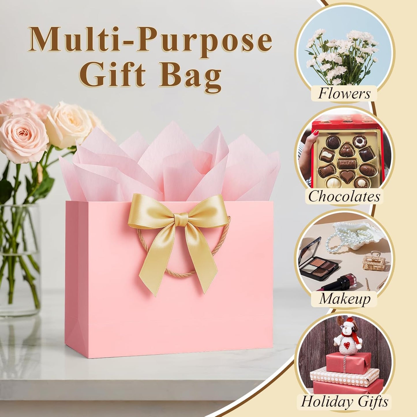 ANZNKU Pink Gift Bag Medium 1 PCS, Cute Paper Gift Bags with Handle 1 Ribbon 2 Tissue Paper 1 Card, Gift Bag for Women Graduation, Wedding, Birthday Gift Wrap, Baby Bridal Shower, Party Favors