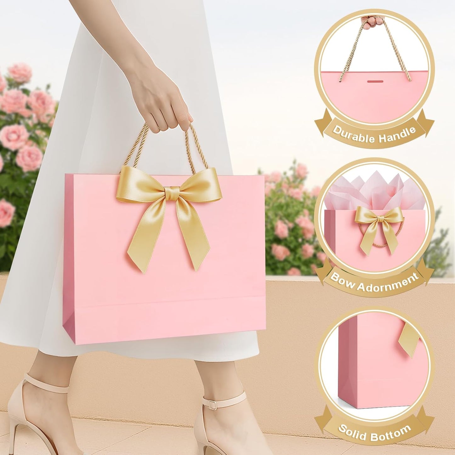 ANZNKU Pink Gift Bag Medium 1 PCS, Cute Paper Gift Bags with Handle 1 Ribbon 2 Tissue Paper 1 Card, Gift Bag for Women Graduation, Wedding, Birthday Gift Wrap, Baby Bridal Shower, Party Favors