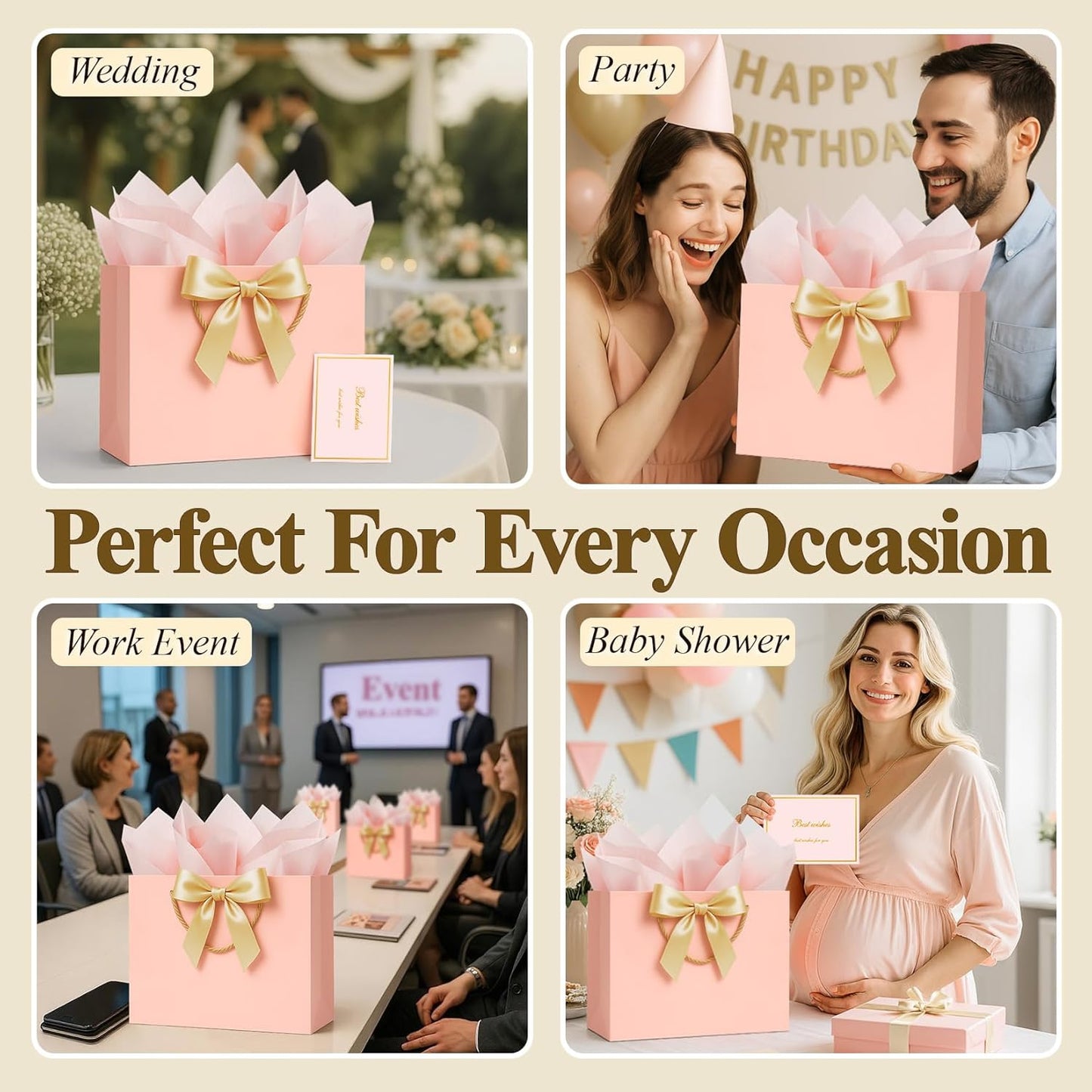 ANZNKU Pink Gift Bag Medium 1 PCS, Cute Paper Gift Bags with Handle 1 Ribbon 2 Tissue Paper 1 Card, Gift Bag for Women Graduation, Wedding, Birthday Gift Wrap, Baby Bridal Shower, Party Favors