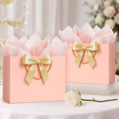 ANZNKU Pink Gift Bag Medium 1 PCS, Cute Paper Gift Bags with Handle 1 Ribbon 2 Tissue Paper 1 Card, Gift Bag for Women Graduation, Wedding, Birthday Gift Wrap, Baby Bridal Shower, Party Favors