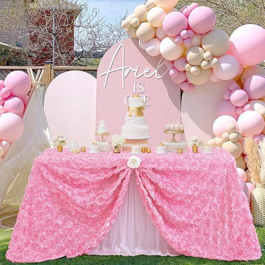 Pink 3D Floral Rosette Satin Tablecloth 90"x132" Baby Shower
