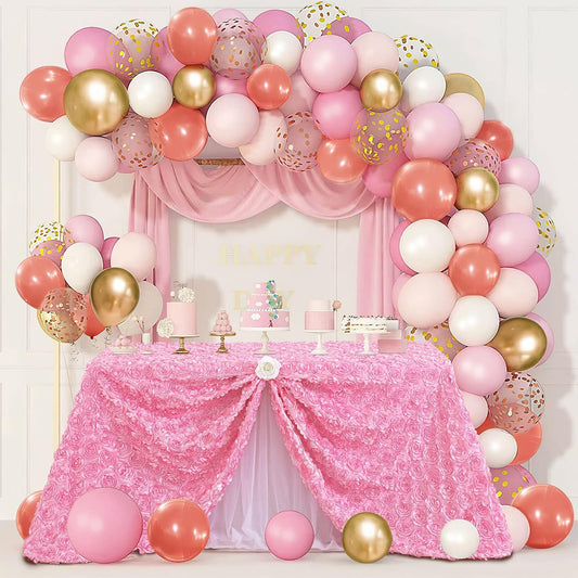 Pink 3D Floral Rosette Satin Tablecloth 90"x132" Baby Shower