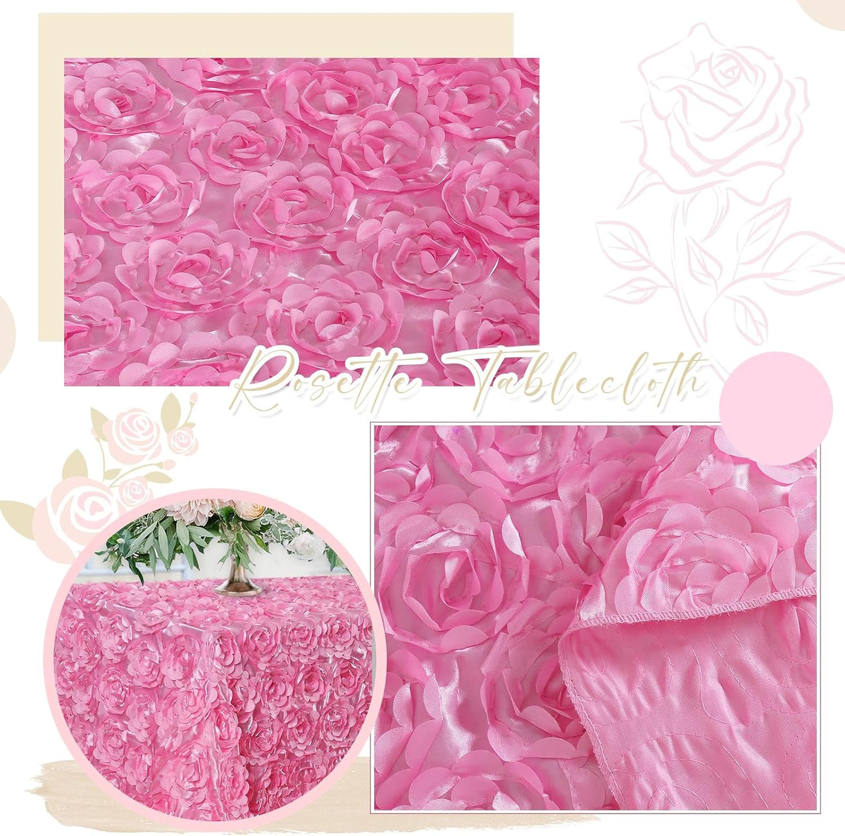 Pink 3D Floral Rosette Satin Tablecloth 90"x132" Baby Shower