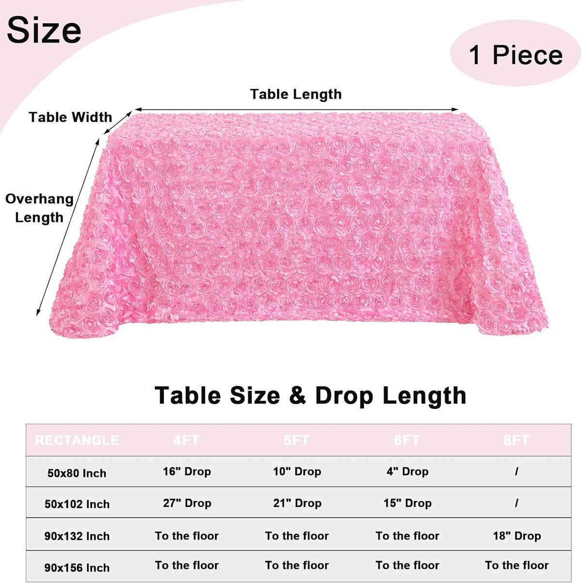 Pink 3D Floral Rosette Satin Tablecloth 90"x132" Baby Shower