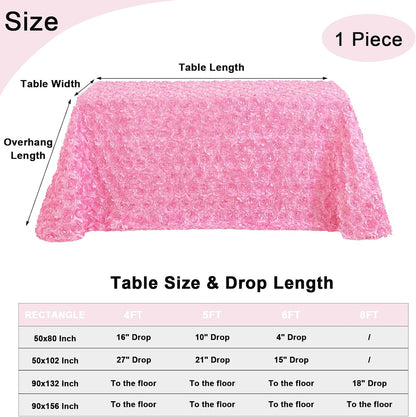 Pink 3D Floral Rosette Satin Tablecloth 90"x132" Baby Shower