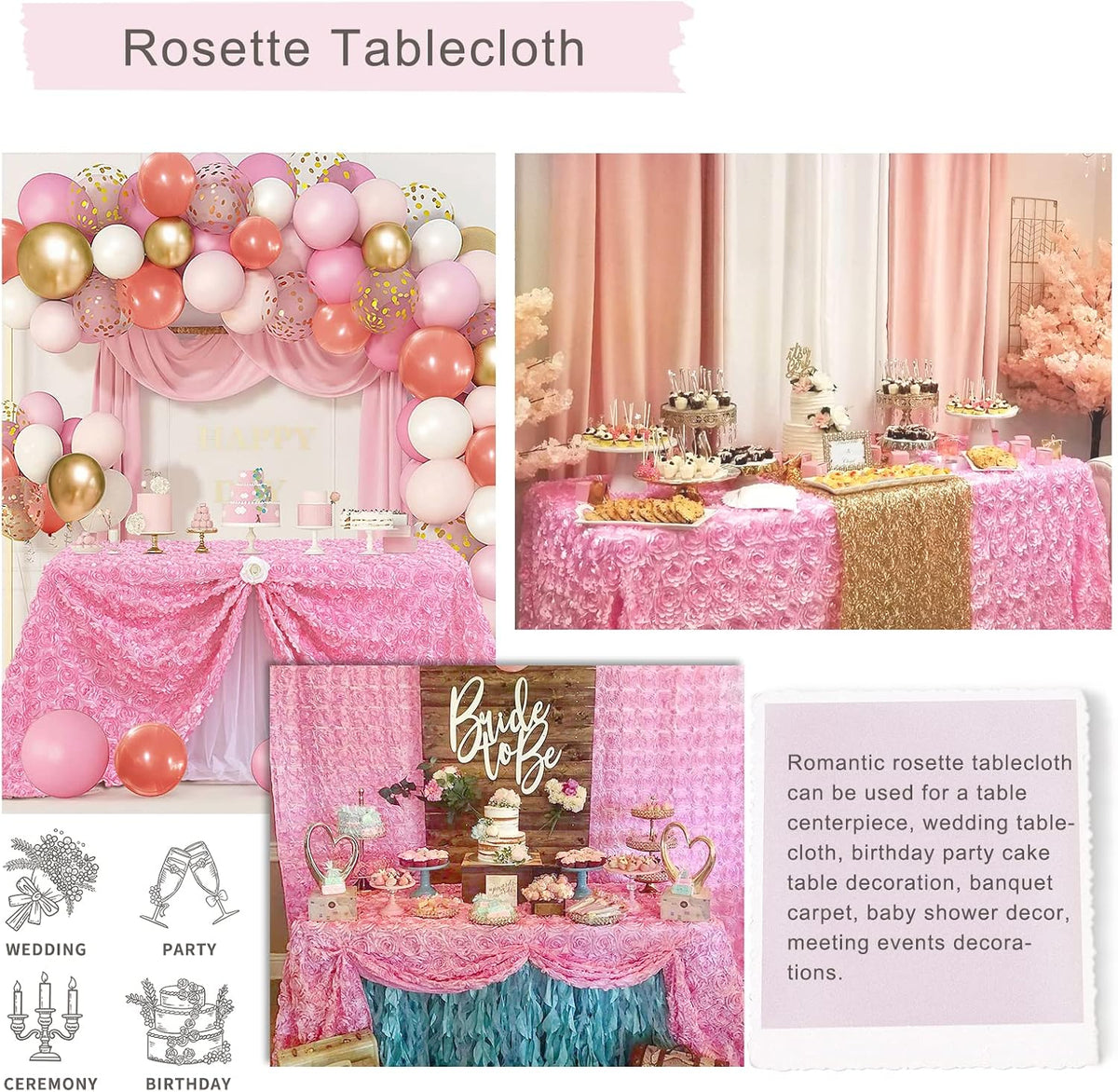 Pink 3D Floral Rosette Satin Tablecloth 90"x132" Baby Shower