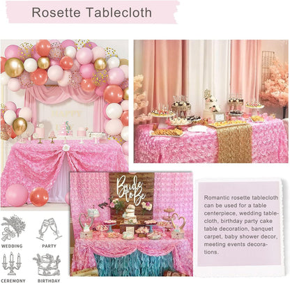 Pink 3D Floral Rosette Satin Tablecloth 90"x132" Baby Shower