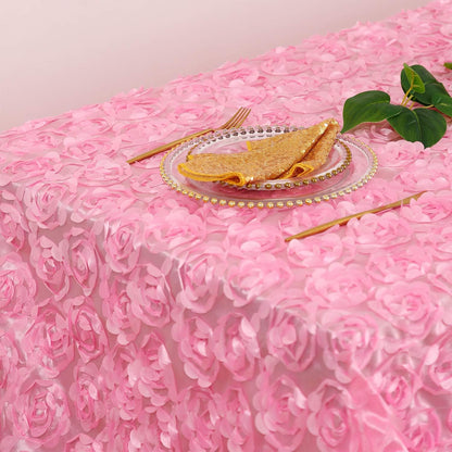 Pink 3D Floral Rosette Satin Tablecloth 90"x132" Baby Shower