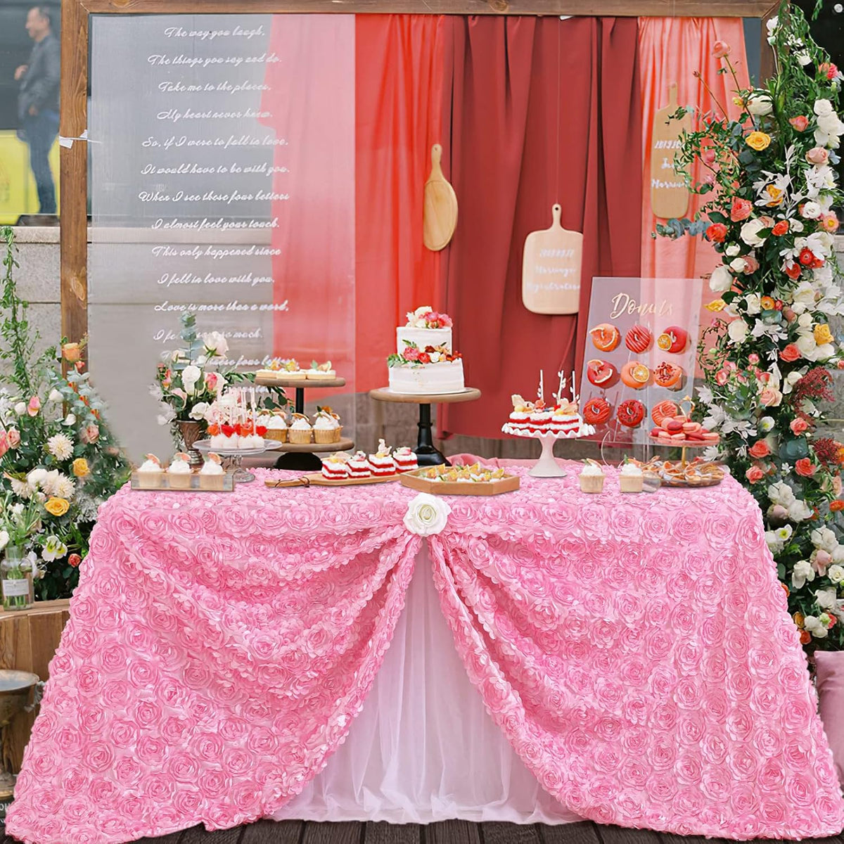 Pink 3D Floral Rosette Satin Tablecloth 90"x132" Baby Shower