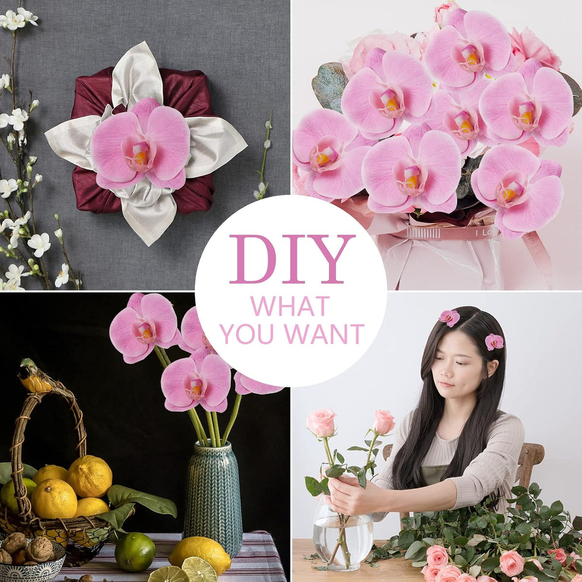 20 PCS Artificial Orchid Flower Heads - Fake Butterfly Flower Heads Faux Flower Head Bulk for Cakes Hair Accessories Headbands Hats Wedding Crafts Decoration - Pink