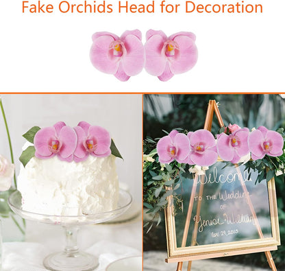 20 PCS Artificial Orchid Flower Heads - Fake Butterfly Flower Heads Faux Flower Head Bulk for Cakes Hair Accessories Headbands Hats Wedding Crafts Decoration - Pink