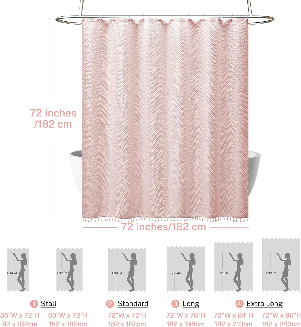 Pink Shower Curtain Cute Shower Curtain Fabric Shower Curtains for Girl Tufted Leaves Textured Striped Modern Cloth Shower Curtains for Bathroom, 72" x72"