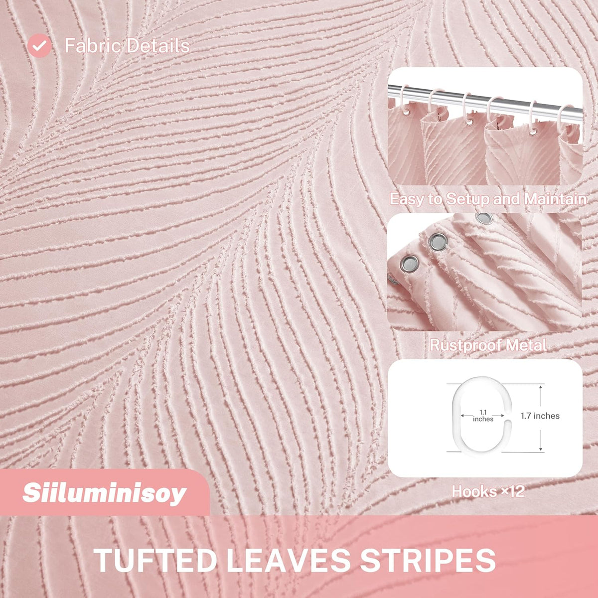 Pink Shower Curtain Cute Shower Curtain Fabric Shower Curtains for Girl Tufted Leaves Textured Striped Modern Cloth Shower Curtains for Bathroom, 72" x72"