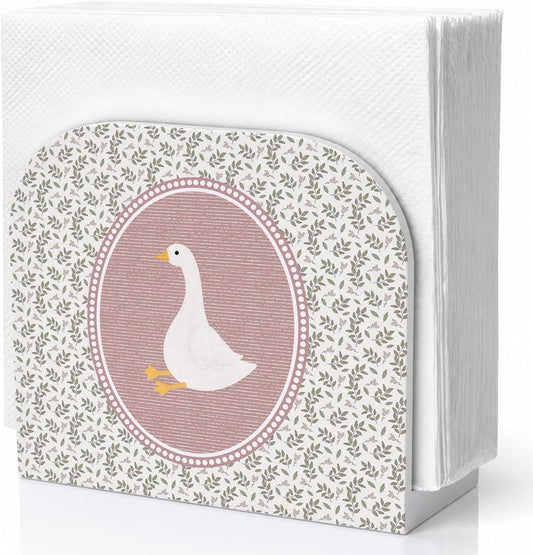 Cottagecore Pink Goose Napkin Holder for Table, Rustic Floral Botanical Goose Wooden Standing Napkin Dispenser Holder for Kitchen Dining Room Party Cocktail Bar Decor