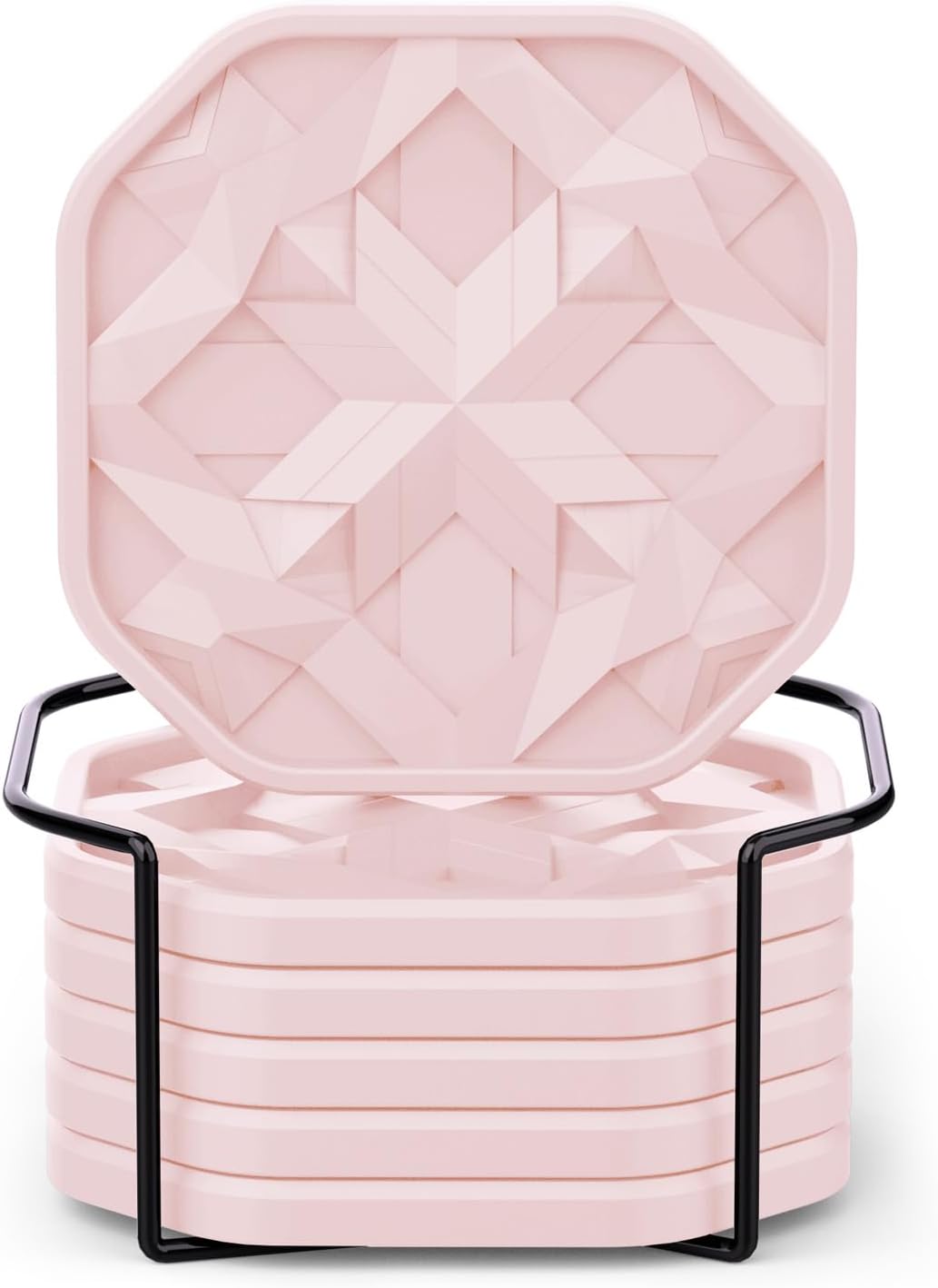 Silicone Drink Cup Coasters Set of 6 with Holder, Crystal Pink
