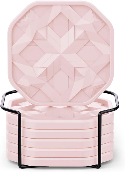 Silicone Drink Cup Coasters Set of 6 with Holder, Crystal Pink