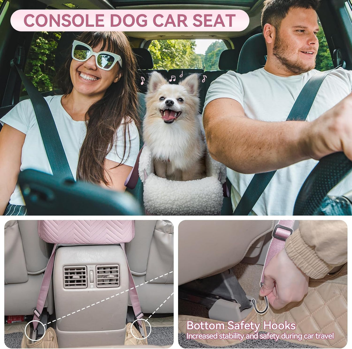 Cat Car Seat, Portable Console Dog Car Seat with Safe Protective Hooks, Luxury Pet Car Seat Includes Safety Leash and Storage Pocket for Pets Up to 9 lbs (Pink)