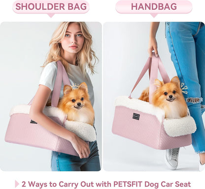 Cat Car Seat, Portable Console Dog Car Seat with Safe Protective Hooks, Luxury Pet Car Seat Includes Safety Leash and Storage Pocket for Pets Up to 9 lbs (Pink)